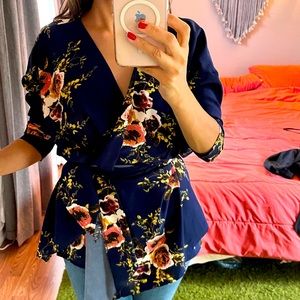 Navy blue floral kimono top with belt